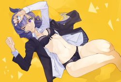 Rule 34 | 1girl, ;o, anabel (pokemon), arms up, bikini, black bikini, black bra, black panties, bra, breasts, cleavage, collared shirt, creatures (company), drill hair, earrings, eyelashes, fingernails, game freak, hand on own head, holding, holding poke ball, jewelry, kamameshi gougoumaru, lace, lace-trimmed bra, lace trim, legs, long hair, long sleeves, looking at viewer, low ponytail, lying, nail polish, navel, nintendo, on back, one eye closed, open clothes, open mouth, panties, poke ball, pokemon, pokemon sm, purple eyes, purple hair, purple nails, shirt, simple background, small breasts, solo, stomach, swimsuit, thighs, unbuttoned, underwear, yellow background
