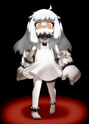 Rule 34 | 10s, 1girl, abyssal ship, ahoge, barefoot, colored skin, dress, highres, horns, kantai collection, looking at viewer, mittens, northern ocean princess, orange eyes, shan grila, solo, walking, white dress, white hair, white skin