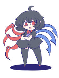 Rule 34 | asymmetrical wings, black dress, black hair, black thighhighs, blush, chahan (fried rice0614), crossed arms, dress, fangs, frilled shirt collar, frills, highres, houjuu nue, legs, looking at viewer, medium hair, multicolored hair, open mouth, red eyes, red footwear, shadow, short dress, short hair, short sleeves, simple background, standing, thighhighs, touhou, white background, wings