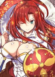 Rule 34 | &gt;:), 1girl, aqua eyes, asymmetrical bangs, blush, boudica (fate), boudica (third ascension) (fate), breasts, cleavage, cleavage cutout, clenched hand, closed mouth, clothing cutout, corset, covered navel, fate/grand order, fate (series), fue (rhomphair), fur collar, glint, highres, large breasts, light particles, lips, long hair, looking at viewer, red hair, shield, signature, sketch, solo, upper body, v-shaped eyebrows