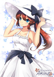 Rule 34 | 1girl, absurdres, armpits, bare shoulders, blue eyes, brown hair, character name, dress, floral background, frills, hair between eyes, hat, hat ribbon, highres, holding, holding clothes, holding hat, long hair, looking at viewer, morishita akina, original, ribbon, sheita, side ponytail, sleeveless, smile, solo, sparkle, sun hat, sundress, white dress, white hat