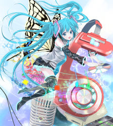 Rule 34 | 1girl, 41y (yooichiwai), absurdres, aqua eyes, aqua hair, bad id, bad pixiv id, boots, butterfly wings, detached sleeves, hatsune miku, headphones, high heels, highres, insect wings, long hair, looking at viewer, necktie, open mouth, shoes, skirt, solo, thigh boots, thighhighs, twintails, very long hair, vocaloid, wedtaro, wings
