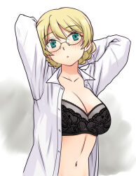 Rule 34 | 1girl, arms behind head, bespectacled, black bra, blonde hair, blue eyes, blush, bow, bow bra, bra, braid, breasts, cleavage, collarbone, collared shirt, darjeeling (girls und panzer), girls und panzer, glasses, large breasts, long sleeves, looking at viewer, navel, open clothes, open mouth, open shirt, parted lips, revision, shirt, simple background, solo, swept bangs, underwear, uona telepin, white shirt