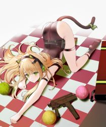 Rule 34 | 1girl, ah (pixiv62888100), all fours, animal ear headphones, animal ears, ankle strap, arm strap, ass, black footwear, black leotard, blonde hair, blush, bow, cat ear headphones, cat ears, cat tail, checkered floor, clenched hands, closed mouth, commentary, english commentary, fake animal ears, fake tail, full body, girls&#039; frontline, green bow, green eyes, gun, headphones, highres, leotard, long hair, looking at viewer, machine gun, simple background, sleeveless, socks, solo, symbol-only commentary, tail, tail bow, tail ornament, tareme, thigh strap, thighs, tmp (girls&#039; frontline), top-down bottom-up, weapon, white background, yarn, yarn ball
