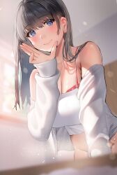 Rule 34 | 1girl, absurdres, arm support, bare shoulders, black hair, blue eyes, blurry, blurry background, blurry foreground, blush, bottomless, bra, bra peek, breasts, camisole, cleavage, closed mouth, crop top, from below, hair behind ear, hand gesture, hand up, highres, indoors, inushima, jacket, large breasts, leaning forward, long hair, long sleeves, looking at viewer, no panties, open clothes, open jacket, original, sleeves past wrists, smile, solo, underwear, white camisole, white jacket