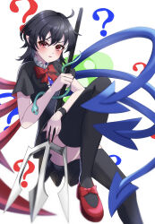 Rule 34 | 1girl, ?, absurdres, ahoge, asymmetrical wings, black dress, black hair, blue wings, blush, bow, bowtie, breasts, buttons, center frills, closed mouth, commentary request, dress, foot out of frame, footwear bow, frills, hair between eyes, highres, holding, holding polearm, holding weapon, houjuu nue, looking at viewer, mary janes, medium bangs, medium hair, pointy ears, polearm, potesayolover, red bow, red bowtie, red eyes, red footwear, red wings, shoes, short dress, short sleeves, small breasts, snake, solo, thighhighs, touhou, trident, ufo, v-shaped eyebrows, weapon, white background, wings, wristband