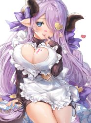 Rule 34 | 1girl, absurdres, apron, blue eyes, blush, bow, breasts, chocolate, chocolate on face, cleavage, cleavage cutout, clothing cutout, commentary request, draph, finger to mouth, food, food on face, granblue fantasy, hair bow, hair ornament, hair over one eye, heart, heart-shaped pupils, heart cutout, heart hair ornament, highres, horns, huge filesize, large breasts, light purple hair, long hair, long sleeves, looking at viewer, narmaya (granblue fantasy), narmaya (valentine) (granblue fantasy), ooluoul, ponytail, purple bow, ribbed sweater, simple background, sitting, solo, sweater, symbol-shaped pupils, thighs, white apron, white background