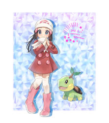 Rule 34 | 1girl, artist name, beanie, black hair, blue eyes, blush, boots, buttons, closed mouth, coat, cocoloco, commentary request, creatures (company), dated, dawn (pokemon), game freak, gen 4 pokemon, hair ornament, hairclip, hat, long hair, nintendo, own hands together, pigeon-toed, pink footwear, poke ball print, pokemon, pokemon (creature), pokemon dppt, pokemon platinum, red coat, scarf, smile, thighhighs, turtwig, twitter username, white headwear, white scarf, white thighhighs