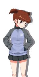 Rule 34 | 10s, 1girl, blue skirt, blunt bangs, closed mouth, cowboy shot, girls und panzer, hair tie, hands in pockets, head tilt, jacket, kayabakoro, light smile, long sleeves, looking at viewer, mikko (girls und panzer), military, military uniform, miniskirt, pants, pants rolled up, pants under skirt, pleated skirt, red eyes, red hair, shadow, short hair, short twintails, simple background, skirt, solo, standing, track jacket, twintails, uniform, v-shaped eyebrows, white background