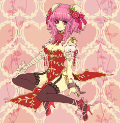 Rule 34 | 1girl, absurdres, adapted costume, bad id, bad pixiv id, bandages, black thighhighs, bracelet, breasts, bun cover, china dress, chinese clothes, cleavage, detached collar, detached sleeves, double bun, dress, female focus, fingernails, flower, garter straps, hair bun, hair flower, hair ornament, hair ribbon, high heels, highres, ibaraki kasen, jewelry, large breasts, lips, lipstick, long fingernails, makeup, nail polish, open shoes, pink flower, pink hair, pink lips, pink rose, ribbon, ring, rose, sharp fingernails, shoes, side slit, solo, thighhighs, touhou, yutsumoe