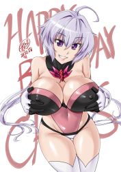 Rule 34 | 1girl, grabbing another&#039;s breast, breasts, gloves, grabbing, grabbing own breast, highres, large breasts, long hair, looking at viewer, purple eyes, senki zesshou symphogear, simple background, smile, solo, tamo (nama-yatsuhashi), thighhighs, white background, white hair, yukine chris