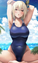 Rule 34 | 1girl, :o, armpits, arms up, bare arms, bare shoulders, barefoot, blonde hair, blue one-piece swimsuit, blush, breasts, brown eyes, butterfly hair ornament, cloud, collarbone, covered navel, hair ornament, large breasts, looking at viewer, medium hair, official art, one-piece swimsuit, open mouth, outdoors, ryouma (galley), sitting, solo, swimsuit, thighs, water, yumeochi - yume de bokura wa koi ni ochiru