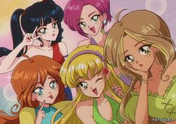 Rule 34 | 1980s (style), 5girls, animification, black hair, blonde hair, bloom (winx club), collarbone, dark-skinned female, dark skin, derivative work, earrings, finger to mouth, flora (winx club), green eyes, hair behind ear, hairband, hanavbara, hand on another&#039;s shoulder, hand on own cheek, hand on own face, jewelry, long hair, multicolored hair, multiple girls, musa (winx club), oldschool, one eye closed, open mouth, puckered lips, purple hairband, retro artstyle, screenshot redraw, stella (winx club), streaked hair, tecna (winx club), tongue, tongue out, twintails, v, winx club, yellow eyes