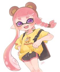 Rule 34 | 1girl, animal ear hairband, animal ears, bear ears, black shorts, braid, braided sidelock, brown hairband, commentary request, dolphin shorts, fake animal ears, fang, hairband, highres, inkling, inkling girl, inkling player character, long hair, looking at viewer, nintendo, open mouth, pink hair, pink trim, pointy ears, print shirt, purple eyes, remoneeed 22, shirt, short eyebrows, shorts, signature, simple background, single braid, smile, solo, splatoon (series), splatoon 3, standing, tentacle hair, thick eyebrows, very long hair, white background, yellow shirt