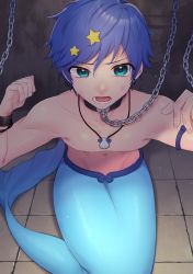 1boy, armlet, ayuda ayutaro, bangs, blue eyes, blue hair, bound, bound wrists, chain, chained, chains, collar, collarbone, commentary request, commission, eyebrows visible through hair, floor, genderswap, genderswap (ftm), groin, hair between eyes, hair ornament, highres, houshou hanon, jewelry, looking at viewer, lower teeth, mermaid melody pichi pichi pitch, merman, monster boy, navel, necklace, open mouth, restrained, shadow, shell necklace, shirtless, short hair, sidelocks, sitting, skeb commission, solo, star (symbol), star hair ornament, stomach, sweat, swept bangs