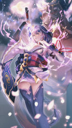 Rule 34 | 1girl, absurdres, asymmetrical sleeves, black thighhighs, breasts, bridal gauntlets, cleavage, commentary request, drawing sword, genshin impact, glowing, glowing petals, highres, holding, holding sword, holding weapon, human scabbard, japanese clothes, kimono, large breasts, lightning, looking at viewer, mitsudomoe (shape), obi, ono, parted lips, petals, purple eyes, purple hair, purple kimono, raiden shogun, sash, short kimono, solo, sword, sword between breasts, teeth, thighhighs, tomoe (symbol), weapon, wide sleeves, zettai ryouiki