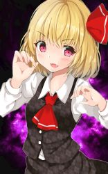 Rule 34 | 1girl, adapted costume, argyle, arms up, ascot, black background, black skirt, black vest, blonde hair, blush, breasts, claw pose, contrapposto, fangs, fujiko (emnprmn), gradient background, hair ribbon, highres, light blush, long sleeves, looking at viewer, open mouth, purple background, red ascot, red eyes, ribbon, rumia, shirt, short hair, skirt, small breasts, standing, touhou, unmoving pattern, upper body, vest, white shirt