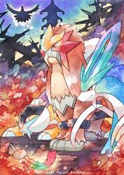 Rule 34 | artist name, bird, claws, closed mouth, commentary request, creatures (company), entei, fangs, feathers, flying, game freak, gen 2 pokemon, highres, ho-oh, kotone11152, legendary pokemon, nintendo, no humans, pagoda, pokemon, pokemon (creature), profile, raikou, rainbow feather (pokemon), rainbow feather (pokemon), red eyes, silhouette, suicune, traditional media, twitter username, watermark