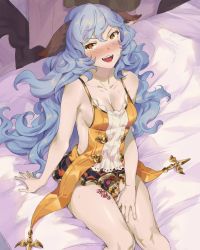 Rule 34 | @ @, animal ears, backless outfit, blue hair, blush, candy, earrings, erune, female pubic hair, ferry (granblue fantasy), food, granblue fantasy, hand on own thigh, hoop earrings, jewelry, long hair, on bed, open mouth, pubic hair, rabbit ears, single earring, sitting, smile, solo, sunao (souis), wavy hair, yellow eyes