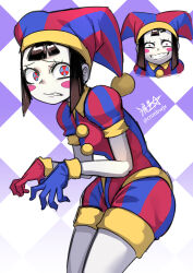 Rule 34 | 1girl, asymmetrical gloves, blue eyes, blue gloves, blue hat, blush stickers, brown hair, colored skin, crazy smile, gloves, hat, hat bell, highres, jester, jester cap, mismatched gloves, multicolored clothes, multicolored hat, pomni (the amazing digital circus), red eyes, red gloves, red hat, ryuusei (mark ii), smile, solo, striped clothes, striped headwear, the amazing digital circus, two-tone eyes, vertical-striped bodysuit, vertical-striped clothes, vertical-striped headwear, white skin