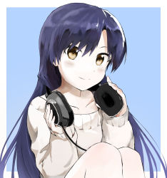 Rule 34 | 1girl, blue background, blue hair, blush, brown eyes, closed mouth, collarbone, headphones, headphones around neck, holding, idolmaster, idolmaster (classic), kisaragi chihaya, long hair, looking at viewer, parted bangs, shuucream (syuichi), smile, solo, sweater
