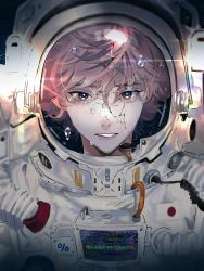 Rule 34 | 1boy, astronaut, blue eyes, bubble, crack, cracked glass, crying, crying with eyes open, english text, fang, glaring, helmet, highres, japanese flag, looking at viewer, male focus, microphone, original, pafujojo, pink hair, portrait, radio, short hair, skin fang, solo, space, space helmet, spacesuit, star (sky), tears