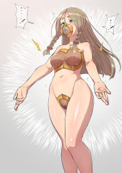 Rule 34 | 1girl, crowd, feet out of frame, functionally nude, ha ku ronofu jin, highres, japanese text, light brown hair, rape, simple background, slave, solo, standing, tearing up, translation request, trembling, wide hips