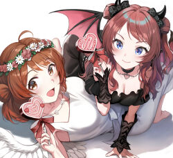 2girls ahoge angel black_dress black_horns blush breasts brown_hair candy cleavage closed_mouth demon_costume demon_wings double_bun dress fake_horns food gakuen_idolmaster hair_bun hair_intakes hair_rings hanami_saki hanami_ume hashtag-only_commentary heart heart-shaped_food heart-shaped_lollipop highres holding holding_candy holding_food holding_lollipop horns idolmaster large_breasts lollipop long_hair looking_at_viewer medium_breasts multiple_girls open_mouth shaped_lollipop siblings simple_background single_hair_ring sisters smile swept_bangs tuna_picture white_background white_dress white_wings wings wrist_wrap