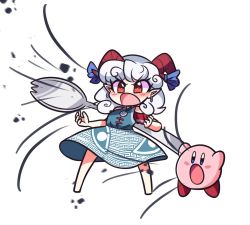 Rule 34 | 1girl, arms up, bare shoulders, barefoot, blue dress, blue eyes, blue ribbon, blush, colored skin, dress, earrings, hands up, horns, jewelry, kirby, kirby&#039;s dream land, kirby (series), littlecloudie, looking to the side, nintendo, off-shoulder dress, off shoulder, open mouth, pink skin, power connection, red eyes, ribbon, short hair, short sleeves, simple background, spoon, standing, touhou, sunken fossil world, toutetsu yuuma, weapon, white background, white hair