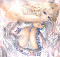 Rule 34 | 1girl, ahoge, barefoot, bird wings, blonde hair, blue bow, blue dress, blue eyes, bow, cameltoe, dress, eyelashes, feathered wings, feathers, filo (tate no yuusha no nariagari), frilled dress, frilled sleeves, frills, full body, highres, holding legs, legs up, long hair, long sleeves, open mouth, panties, parted bangs, pikuru, shiny skin, simple background, solo, tate no yuusha no nariagari, thighs, two-tone dress, underwear, white dress, white feathers, white panties, white wings, wings
