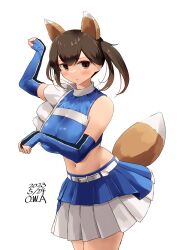 Rule 34 | 1girl, alternate costume, alternate hairstyle, animal ears, artist name, asymmetrical legwear, bare shoulders, blue gloves, blue skirt, blush, breasts, brown eyes, brown hair, claw pose, cowboy shot, crop top, dated, elbow gloves, fingerless gloves, fox ears, fox tail, gloves, highres, hokkaido nippon-ham fighters, kaga (kancolle), kantai collection, large breasts, layered skirt, looking at viewer, medium hair, midriff, navel, nippon professional baseball, owa (ishtail), pleated skirt, simple background, skirt, solo, tail, twintails, white background, white skirt