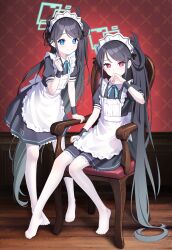 Rule 34 | &lt;key&gt; (blue archive), 2girls, absurdres, apron, aqua halo, aris (blue archive), aris (maid) (blue archive), black dress, black hair, black wristband, blue archive, blue eyes, blue hair, blue ribbon, blush, chair, closed mouth, commentary, covering own mouth, dress, dual persona, feet, finger heart, flat chest, frilled apron, frilled dress, frills, full body, halo, heart, highres, indoors, legs, long hair, looking at viewer, maid, maid apron, maid headdress, multiple girls, neck ribbon, no shoes, official alternate costume, on chair, pantyhose, ponytail, puffy short sleeves, puffy sleeves, red eyes, revision, ribbon, ringed eyes, short dress, short sleeves, sitting, smile, rectangular halo, standing, supersugar, symbol-only commentary, toes, very long hair, white apron, white pantyhose, wristband