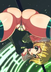 Rule 34 | 1girl, abiko zyozi, akatsuki kirika, anus, anus peek, armpits, ass, blonde hair, breasts, cameltoe, cleft of venus, covered erect nipples, elbow gloves, female focus, from behind, gloves, glowing, green eyes, hair ornament, highres, impossible clothes, looking through own legs, medium breasts, open mouth, panties, partially visible vulva, senki zesshou symphogear, shiny skin, solo, striped clothes, striped panties, teeth, thighhighs, thighs, thong, underwear, upper teeth only, wedgie, x hair ornament