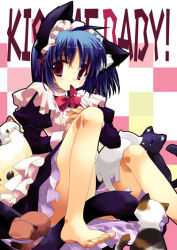 Rule 34 | animal ears, barefoot, blue hair, cat, cat ears, cat tail, covering privates, maid, minazuki haruka, mouth hold, red eyes, ribbon, sitting, solo, tail