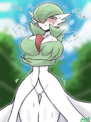 Rule 34 | 1girl, :&lt;, artist name, blue sky, blurry, blurry background, blush, bob cut, breasts, breath, closed mouth, cloud, collarbone, colored skin, cowboy shot, creatures (company), crossed arms, day, female focus, game freak, gardevoir, gen 3 pokemon, gluteal fold, grabbing own breast, green hair, green skin, hair over one eye, half-closed eyes, heart, heavy breathing, highres, japanese text, kirichiya desune, large breasts, looking down, multicolored skin, narrow waist, nintendo, no pussy, nose blush, one eye covered, outdoors, pokemon, pokemon (creature), red eyes, short hair, signature, sky, solo, split mouth, spoken heart, standing, sweat, thighs, translation request, tree, trembling, two-tone skin, white skin, wide hips