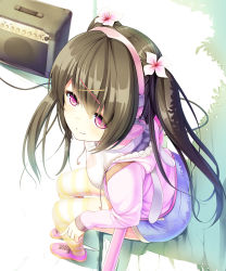 Rule 34 | 1girl, animal hood, bench, black hair, cable, flower, foreshortening, full body, hair flower, hair ornament, hairband, hairclip, headphones, highres, hood, hoodie, long hair, long sleeves, peragura, purple eyes, rabbit hood, shoes, sitting, smile, solo, striped clothes, striped thighhighs, thighhighs, tsurime, twintails, wire, x hair ornament