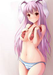 Rule 34 | 1girl, animal ears, blush, breasts, censored, convenient censoring, long hair, medium breasts, navel, necktie, nicoby, panties, panties only, plaid, plaid necktie, plaid neckwear, purple hair, rabbit ears, red eyes, red necktie, reisen udongein inaba, solo, stomach, striped clothes, striped panties, topless, touhou, underwear, underwear only
