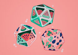 Rule 34 | absurdres, dice, food, fruit, highres, icosahedron, meyoco, no humans, original, pink background, simple background, sparkle, watermelon