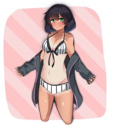 Rule 34 | 1girl, absurdres, bikini, black bikini, black jacket, blush, bob cut, breasts, brown hair, cleavage, closed mouth, commentary, cropped legs, dark-skinned female, dark skin, diagonal stripes, front-tie bikini top, front-tie top, frown, girls und panzer, girls und panzer senshadou daisakusen!, green eyes, highres, hoshino (girls und panzer), jacket, kshimu, long sleeves, looking at viewer, medium breasts, navel, off shoulder, open clothes, open jacket, outside border, pink background, short hair, sleeves past wrists, solo, standing, striped background, striped bikini, striped clothes, sweatdrop, swimsuit, tan, tanline, vertical-striped bikini, vertical-striped clothes