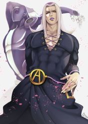 Rule 34 | 1boy, aion kiu, bara, cleavage cutout, clothing cutout, covered abs, covered navel, cross-laced clothes, cross-laced cutout, cross-laced top, feet out of frame, from below, frown, jojo no kimyou na bouken, large pectorals, leone abbacchio, lipstick, long hair, looking at viewer, makeup, male focus, moody blues (stand), muscular, muscular male, pectoral cleavage, pectorals, petals, purple lips, sidelocks, stand (jojo), vento aureo, white hair, wrinkled skin