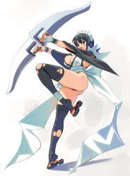 Rule 34 | 1girl, arms up, ass, atticworkspace, black eyes, black hair, black thighhighs, blade, breasts, cleavage, dual wielding, full body, headdress, holding, holding weapon, huge ass, iroha (samurai spirits), jumping, large breasts, leg lift, legs, leotard, leotard under clothes, long sleeves, maid, maid headdress, open mouth, ryoji (nomura ryouji), samurai spirits, sandals, sideboob, snk, solo, standing, strapless, strapless leotard, sword, thighhighs, thong leotard, toeless legwear, toes, torn clothes, weapon, zouri