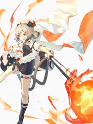Rule 34 | 1girl, :q, arknights, black footwear, blonde hair, boots, breasts, canister, choker, cloak, dress, fire, flamethrower, flat chest, foot out of frame, gas tank, gradient hair, grey dress, grey hair, gun, hand up, highres, holding, holding gun, holding weapon, horns, ifrit (arknights), infection monitor (arknights), leg strap, looking at viewer, low twintails, multicolored hair, orange eyes, parted bangs, short dress, sidelocks, solo, striped clothes, striped dress, tail, thigh strap, toeless footwear, tongue, tongue out, twintails, wagachop, weapon, white background, white cloak