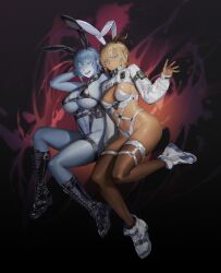 Rule 34 | 2girls, animal ears, bare shoulders, bikini, black bikini, black footwear, blonde hair, blue eyes, blue hair, blue skin, boots, breasts, brown thighhighs, closed mouth, colored skin, cropped jacket, dark background, hair between eyes, harness, highres, horns, jacket, large breasts, legs, long sleeves, looking at viewer, multiple girls, multiple straps, ohayosayonara, open clothes, open jacket, open mouth, original, pouch, rabbit ears, shiny skin, shoes, short hair, smile, sneakers, swimsuit, tan, thigh strap, thighhighs, thighs, tomboy, white bikini, white footwear, white jacket