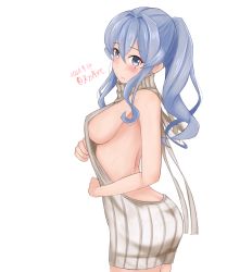 Rule 34 | 1girl, alternate costume, ame-san, backless dress, backless outfit, bare back, blue eyes, blue hair, breasts, dress, gotland (kancolle), grey sweater, highres, kantai collection, large breasts, long hair, meme attire, mole, mole under eye, naked sweater, ponytail, ribbed sweater, sidelocks, solo, sweater, sweater dress, turtleneck, turtleneck sweater, virgin killer sweater