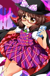Rule 34 | 1girl, abstract background, arm up, bad id, bad pixiv id, black hat, blush, bow, brooch, brown eyes, brown hair, cape, cellphone, chibi, commentary request, crossed legs, gem, glasses, green gemstone, hat, hat bow, highres, holding, holding phone, jewelry, kneehighs, looking at viewer, low twintails, motsu (selshia12), parted lips, phone, plaid, plaid skirt, plaid vest, puffy short sleeves, puffy sleeves, red-framed eyewear, runes, school uniform, semi-rimless eyewear, shirt, short hair, short sleeves, skirt, skirt set, smartphone, smile, socks, solo, striped bow, striped clothes, striped socks, touhou, twintails, under-rim eyewear, unmoving pattern, usami sumireko, vest, white shirt, white socks