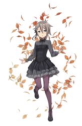 Rule 34 | 1girl, ange (princess principal), autumn leaves, black footwear, black skirt, blue eyes, braid, full body, grey hair, highres, looking at viewer, official art, pantyhose, princess principal, princess principal game of mission, shoes, short hair, skirt, solo, standing, standing on one leg, striped clothes, striped pantyhose, transparent background, vertical-striped clothes, vertical-striped pantyhose