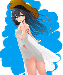 Rule 34 | 1girl, :d, asashio (kancolle), ass, bare shoulders, black hair, blue eyes, breasts, dress, from below, from side, hair between eyes, hat, highres, kantai collection, kuronaga, long hair, looking at viewer, open mouth, see-through, small breasts, smile, solo, straw hat, white dress
