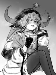 Rule 34 | 1girl, alcohol, animal ears, arknights, blush, bokiboki333, cow ears, cow girl, cow horns, cup, drink, drunk, elbow rest, fang, female focus, flower, flower on head, gloves, grey background, greyscale, hair between eyes, hair tubes, half-closed eyes, highres, holding, holding cup, horns, ice, ice cube, jacket, knees up, long hair, looking at viewer, monochrome, off shoulder, open clothes, open jacket, open mouth, pallas (arknights), pantyhose, pleated skirt, shirt, simple background, sitting, skirt, solo, squeans