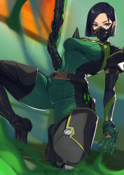 Rule 34 | 1girl, absurdres, animification, black footwear, black hair, blurry, blurry background, bodysuit, boots, breasts, colored smoke, gloves, green bodysuit, green eyes, green gloves, green smoke, gun, hair behind ear, highres, holding, holding gun, holding weapon, kagematsuri, mask, medium breasts, mouth mask, short hair, shotgun, smoke, solo, thigh boots, twitter username, v-shaped eyebrows, valorant, viper (valorant), weapon