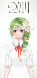 Rule 34 | 1girl, 2014, absurdres, arms at sides, artist name, braid, closed mouth, commentary, dress, english commentary, flower, green eyes, green hair, hair between eyes, hair flower, hair ornament, highres, light frown, long hair, looking at viewer, neck ribbon, original, red ribbon, ribbon, say hana, side braid, signature, solo, upper body, white background, white dress, wing collar